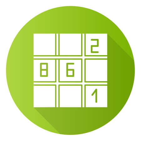 Sudoku puzzle green flat design long shadow glyph icon. Number-placement game. Mental exercise. Ingenuity, knowledge, intelligence test. Brain teaser. Solution finding. Vector silhouette illustrationのイラスト素材