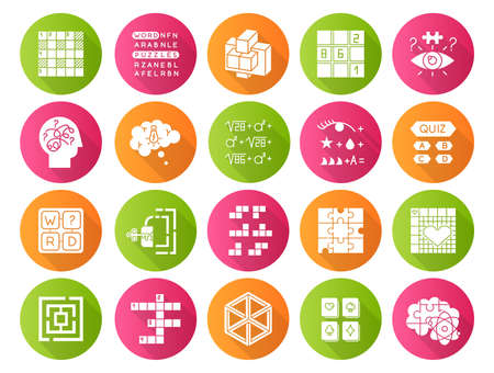 Puzzles and riddles flat design long shadow glyph icons set. Mental exercise. Challenge. Language, vocabulary, intelligence test. Brain teaser. Problem solving. Vector silhouette illustrationのイラスト素材