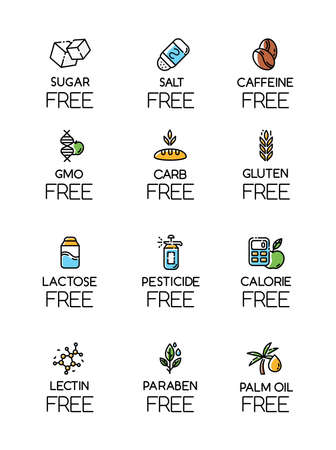 Product free ingredient color icons set. No lectine, paraben, gmo, gluten. Organic food, healthy eating. Low calories meals. Dietary without allergens and sweeteners. Isolated vector illustrationsのイラスト素材