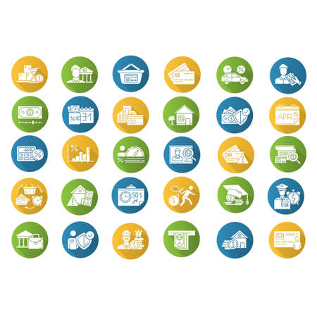 Loan flat design long shadow glyph icons set. Student loan. Borrowing from retirement. Heavy credit card debt. Home equity loan. Retail, consumerism. APR calculator. Vector silhouette illustrationのイラスト素材