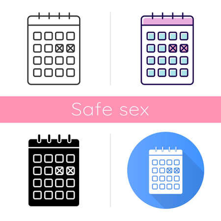 Calendar method icon. Safe sex. Menstrual cycle tracking. Monthly planning. Pregancy prevention. Planner page, schedule check. Flat design, linear and color styles. Isolated vector illustrationsのイラスト素材