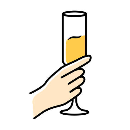 Hand holding glass of sparkling wine color icon. Champagne flute. Glassful of alcohol beverage. Wine service. Celebration. Wedding. Tasting, degustation. Toast. Cheers. Isolated vector illustrationのイラスト素材