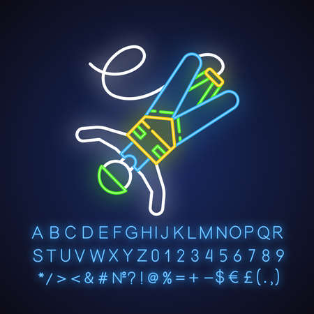 Bungee jumping neon light icon. Extreme sport. Bungy jumper falling down. Adrenaline recreation. Risky leap with rope. Glowing sign with alphabet, numbers and symbols. Vector isolated illustrationのイラスト素材