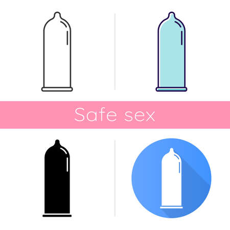 Contraceptive icon. Male latex condom. Rubber preservative for safe sex. Pregnancy prevention. Birth control. STI protection. Flat design, linear and color styles. Isolated vector illustrationsのイラスト素材