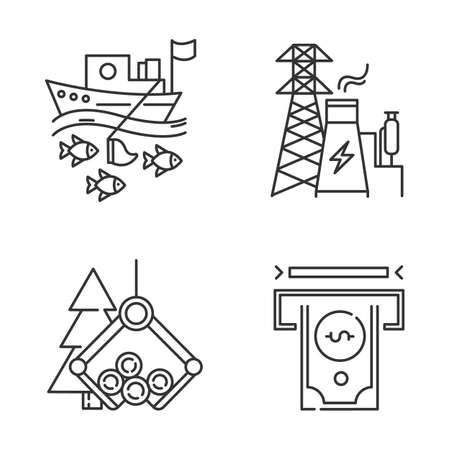 Industry types linear icons set. Fishing, energy, timber, financial sectors of economy. Business spheres. Thin line contour symbols. Isolated vector outline illustrations. Editable strokeのイラスト素材
