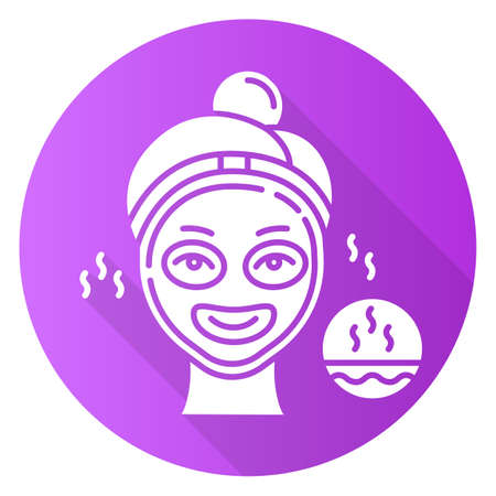 Using thermal mask purple flat design long shadow glyph icon. Skin care procedure. Facial beauty treatment to open up pores. Face product for cleansing effect. Vector silhouette illustrationのイラスト素材