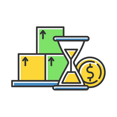 Budget increase graph color icon. Rising interest rate with time. Smart investment infographic. Credit countdown. Hourglass and coin. Loan money, make deposit. Isolated vector illustrationのイラスト素材