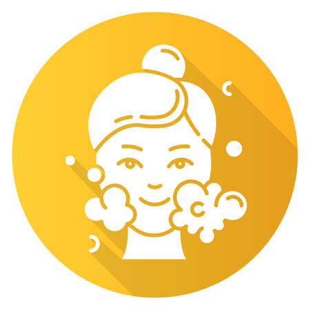 Water face cleanser yellow flat design long shadow glyph icon. Skin care procedure. Facial beauty treatment. Foam and bubbles. Cleansing and moisturizing effect. Vector silhouette illustrationのイラスト素材