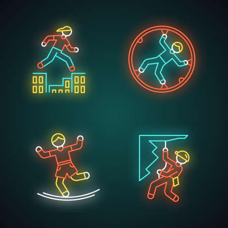 Extreme sports neon light icons set. Parkour, traversing obstacles. Zorbing, globe-riding. Slacklining, balance training. Abseiling, rappelling. Alpinism. Glowing signs. Vector isolated illustrationsのイラスト素材