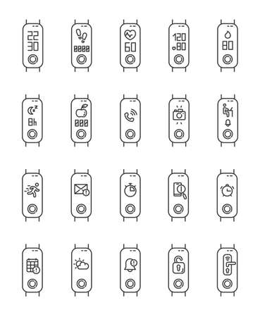 Fitness tracker functions linear icons set. Wellness device reminders. Fitness app and smartphone notifications. Thin line contour symbols. Isolated vector outline illustrations. Editable strokeのイラスト素材