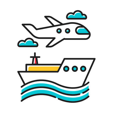 Transport industry color icon. Plane and ship. Boat on waves. Airplane in sky. Transportation, shipping. Travel, trip, voyage. Vacation and tourism business. Cruise tour. Isolated vector illustrationのイラスト素材