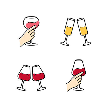 Wine service color icons set. Clinking glasses of champagne and red wine. Hands holding alcohol drinks. Celebration, party. Wedding. Glassware, winery. Cheers. Isolated vector illustrationsのイラスト素材
