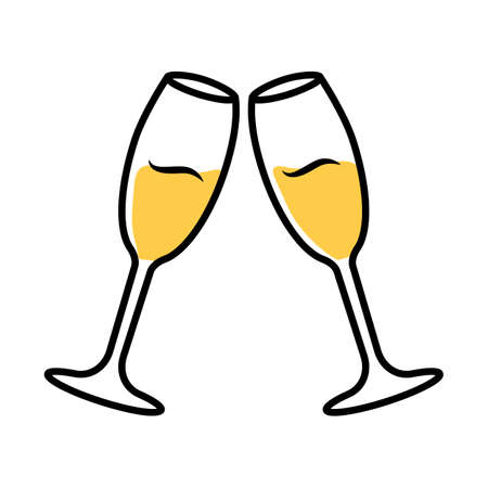 Two clinking glasses with sparkling wine color icon. Champagne flutes. Glassfuls of alcohol beverage. Wine service. Celebration. Wedding. Tasting, degustation. Cheers. Isolated vector illustrationのイラスト素材