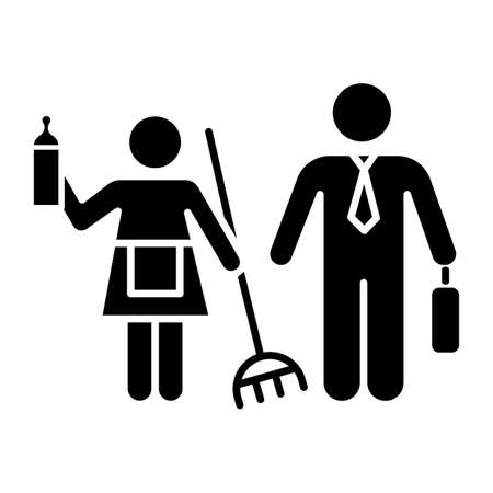 Gender stereotypes glyph icon. Female and male domestic life. Woman, man human rights. Shared family responsibilities. Houswife, worker. Silhouette symbol. Negative space. Vector isolated illustrationのイラスト素材