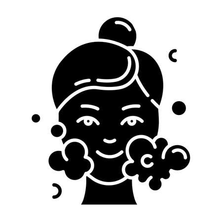 Water face cleanser glyph icon. Skin care procedure. Facial beauty treatment. Foam and bubbles. Cleansing and moisturizing effect. Silhouette symbol. Negative space. Vector isolated illustrationのイラスト素材