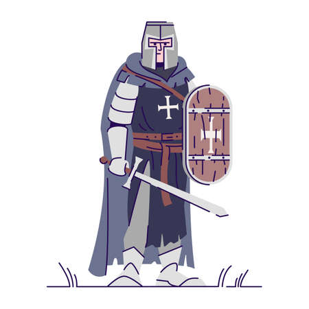 Medieval knight with sword and shield flat vector illustration. Armored templar isolated cartoon character with outline elements on white background. Ancient warrior. Fantasy personageのイラスト素材