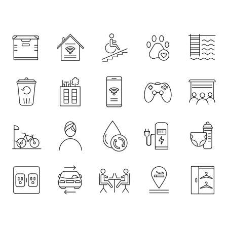 Apartment amenities linear icons set. Residential services. Comfortable house. Luxuries for dwelling inhabitants. Thin line contour symbols. Isolated vector outline illustrations. Editable strokeのイラスト素材