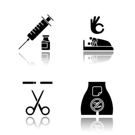 Safe sex drop shadow black glyph icons set. Vaccination. Sex with partner consent. Sterilisation, vasectomy. Medical procedure. Fallopian tubes cut. Contraceptive patch. Isolated vector illustrationsのイラスト素材