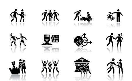 Different rape types drop shadow black glyph icons set. Date, statutory, children and spousal rape. Abuse of women in prison. Sexual harassment and assault of females. Isolated vector illustrationsのイラスト素材