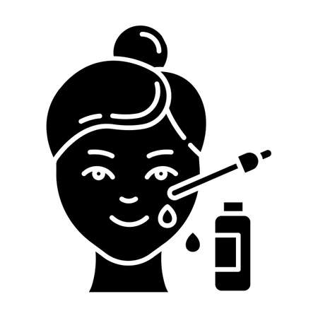 Using serum glyph icon. Skin care procedure. Facial beauty treatment. Lifting and exfoliating effect. Oil product for skin. Dermatology. Silhouette symbol. Negative space. Vector isolated illustrationのイラスト素材