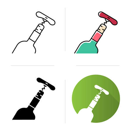 Bottle with cork and corkscrew icons set. Winery tool. Alcohol beverage, aperitif, drink. Sommelier, barman. Flat design, linear, black and color styles. Isolated vector illustrationsのイラスト素材
