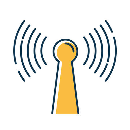 Yellow radio signal color icon. Wireless connection idea. Sound waves, audio broadcasting. Hardware, equipment, technology. Coverage area. Modern functional equipment. Isolated vector illustrationのイラスト素材