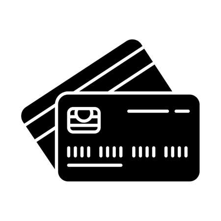 Plastic credit cards glyph icon. Purchase goods online. Pay without cash. Credit bank accout. Borrow, lend money. Open deposit. Silhouette symbol. Negative space. Vector isolated illustrationのイラスト素材