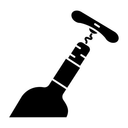Bottle with cork and corkscrew glyph icon. Wine service. Winery tool. Alcohol beverage, aperitif, drink. Sommelier, barman. Silhouette symbol. Negative space. Vector isolated illustrationのイラスト素材