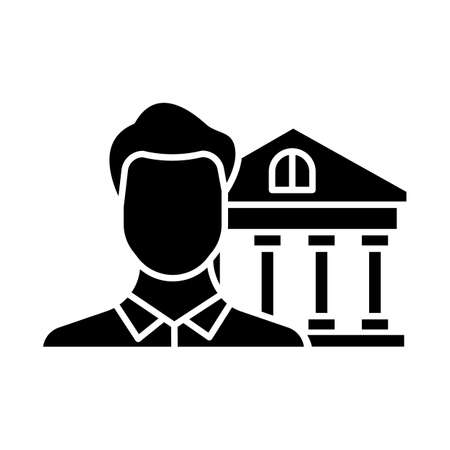 Credit manager glyph icon. Professional businessman. Customer service male worker. Economy, finance industry. Bank building. Silhouette symbol. Negative space. Vector isolated illustrationのイラスト素材