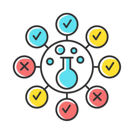 Chemical survey color icon. Composition analysis. Quality control, evaluation. Consumer products test. Health risk testing. Experiment. Lab flask. Data collection. Isolated vector illustrationのイラスト素材