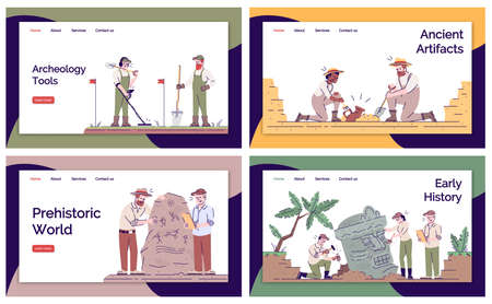 Archeology landing page vector template set. Archeological expedition website interface idea with flat illustrations. Historical researching homepage layout. Web banner, webpage cartoon conceptのイラスト素材