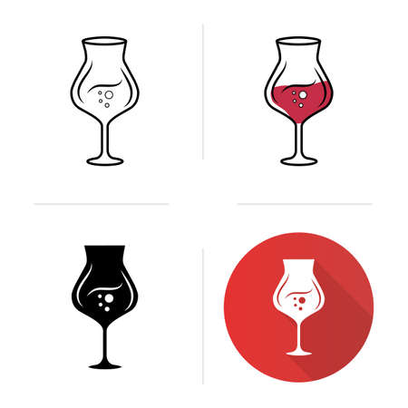 Madeira wineglass icons set. Alcohol beverage with bubbles. Party cocktail. Sweet aperitif drink. Tableware, glassware. Flat design, linear, black and color styles. Isolated vector illustrationsのイラスト素材