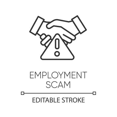 Employment scam linear icon. Fake recruitement offer. False job opportunity. Financial fraud. Thin line illustration. Contour symbol. Vector isolated outline drawing. Editable strokeのイラスト素材