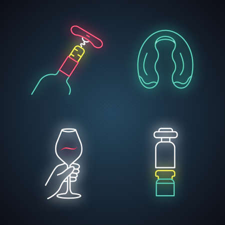 Winery and wine service neon light icons set. Hand holding glass of cocktail. Bottle with corkscrew. Decanter, foil cutter. Barman, restaurant. Glowing signs. Vector isolated illustrationsのイラスト素材