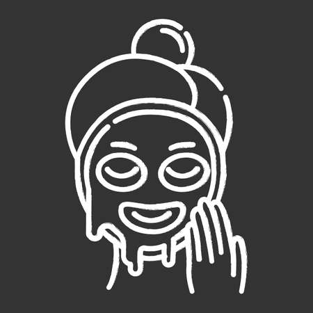 Applying liquid mask chalk icon. Skin care procedure. Facial beauty treatment. Face product for lifting and exfoliating effect. Dermatology, cosmetics, makeup. Isolated vector chalkboard illustrationのイラスト素材