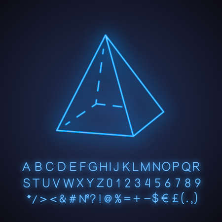 Pyramid neon light icon. Transparent geometric figure. Abstract shape. Isometric form with triangular sides. Glowing sign with alphabet, numbers and symbols. Vector isolated illustrationのイラスト素材