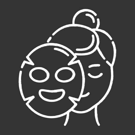 Applying sheet mask chalk icon. Skin care procedure. Hydrogen mask. Facial beauty treatment. Face cotton product for moisturizing effect. Cosmetics, makeup. Isolated vector chalkboard illustrationのイラスト素材