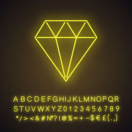 Diamond neon light icon. Crystal. Decorative brilliant. Jewelry element. Geometric figure. Abstract shape. Isometric form. Glowing sign with alphabet, numbers and symbols. Vector isolated illustrationのイラスト素材