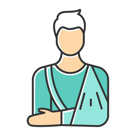 Orthopedic cast color icon. Fractured bone. Male patient with broken arm. Medical nonsurgical procedure. Injury treatment. Accident help. Trauma aid. Physical pain. Isolated vector illustrationのイラスト素材
