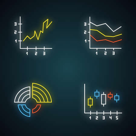 Chart and graph neon light icons set. Radial diagram with increasing values. Area charts with segments and sections. Vertical scatter histogram. Glowing signs. Vector isolated illustrationsのイラスト素材