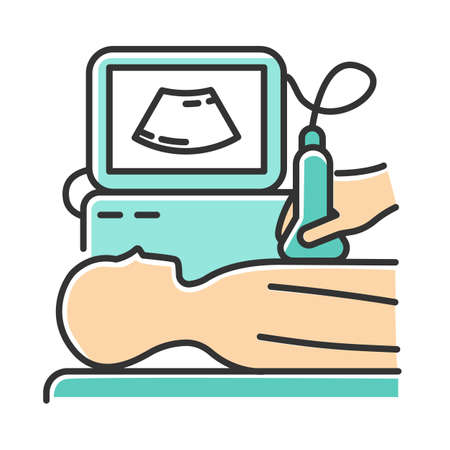Ultrasound diagnostics color icon. Ultrasonography. Medical procedure. Healthcare services. Patient chest examination. Disease treatment. Professional clinical diagnosis. Isolated vector illustrationのイラスト素材