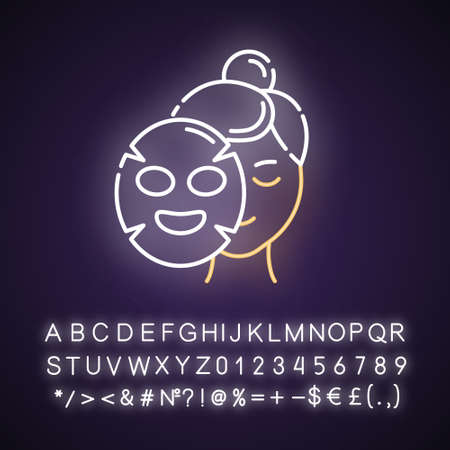 Applying sheet mask neon light icon. Skin care procedure. Hydrogen mask. Face cotton product. Cosmetics, makeup. Glowing sign with alphabet, numbers and symbols. Vector isolated illustrationのイラスト素材