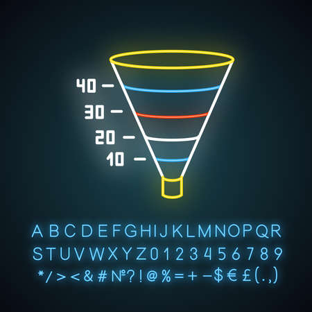 Funnel graph neon light icon. Marketing strategy chart. Conversion economic plan. Business research presentation. Glowing sign with alphabet, numbers and symbols. Vector isolated illustrationのイラスト素材
