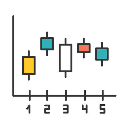 Candlestick chart color icon. Box plot graph. Business diagram. Finance report. Economical research. Marketing infochart. Data presentation and visualization. Isolated vector illustrationのイラスト素材