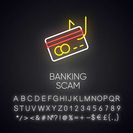 Banking scam neon light icon. Skimming. Identity theft. Credit card phishing. Financial fraud. Fake loan offer. Glowing sign with alphabet, numbers and symbols. Vector isolated illustrationのイラスト素材
