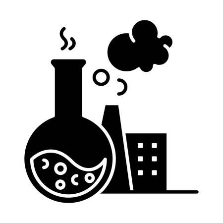 Chemical industry glyph icon. Synthetic materials production. Industrial chemicals producing. Flask, smoking plant. Polluting factory. Silhouette symbol. Negative space. Vector isolated illustrationのイラスト素材