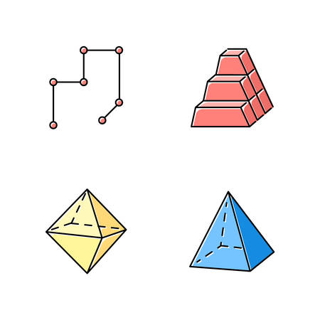 Geometric figures color icons set. Connected lines with points. Stock of dimensional blocks. Pile of bricks. Double pyramid. Abstract shapes. Isometric forms. Isolated vector illustrationsのイラスト素材