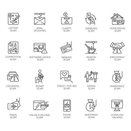 Scam types linear icons set. Malware. Investment, rental schemes. Phishing tricks. Cybercrime. Financial fraud. Thin line contour symbols. Isolated vector outline illustrations. Editable strokeのイラスト素材