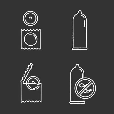 Contraceptive chalk icons set. Safe sex. Male latex condom in package. Preservative. Birth control. Unwanted pregnancy prevention. HIV risk precaution option. Isolated vector chalkboard illustrationsのイラスト素材