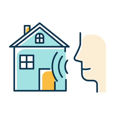 Blue smart home control color icon. Voice management idea. Distant command. Speech, soundwave. Innovative technology, automation system. Modern house, audio request. Isolated vector illustrationのイラスト素材